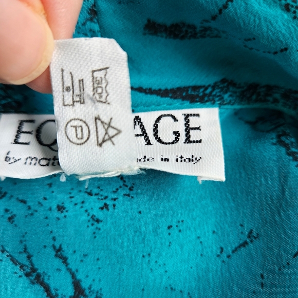 Equipage floral blue-green & black silk midi dress faux wrap drop sleeve size 12 - Picture 12 of 14